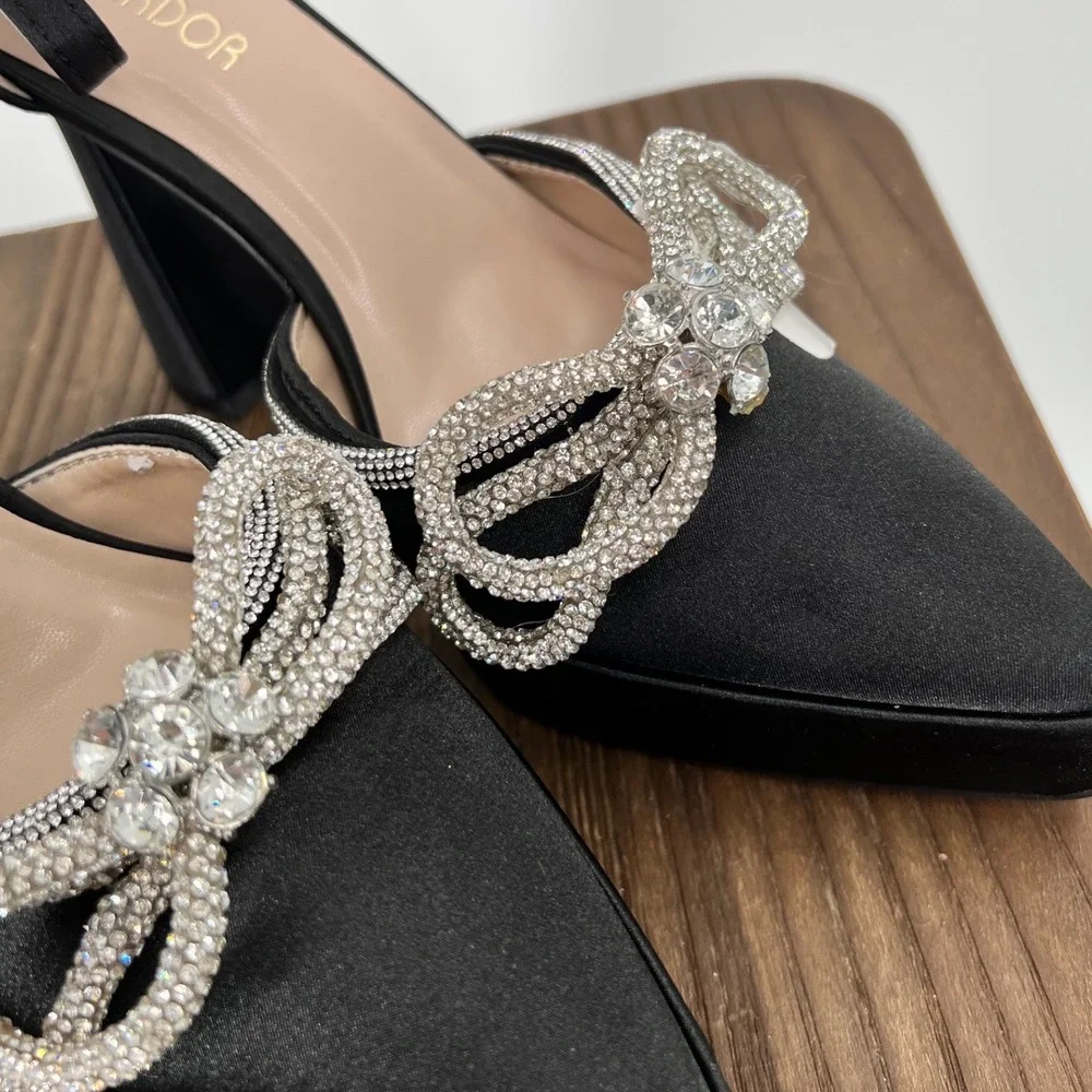 Jenn Ardor Black Satin Platform Heels Rhinestone Bow Pointed Toe Prom 6 NWT